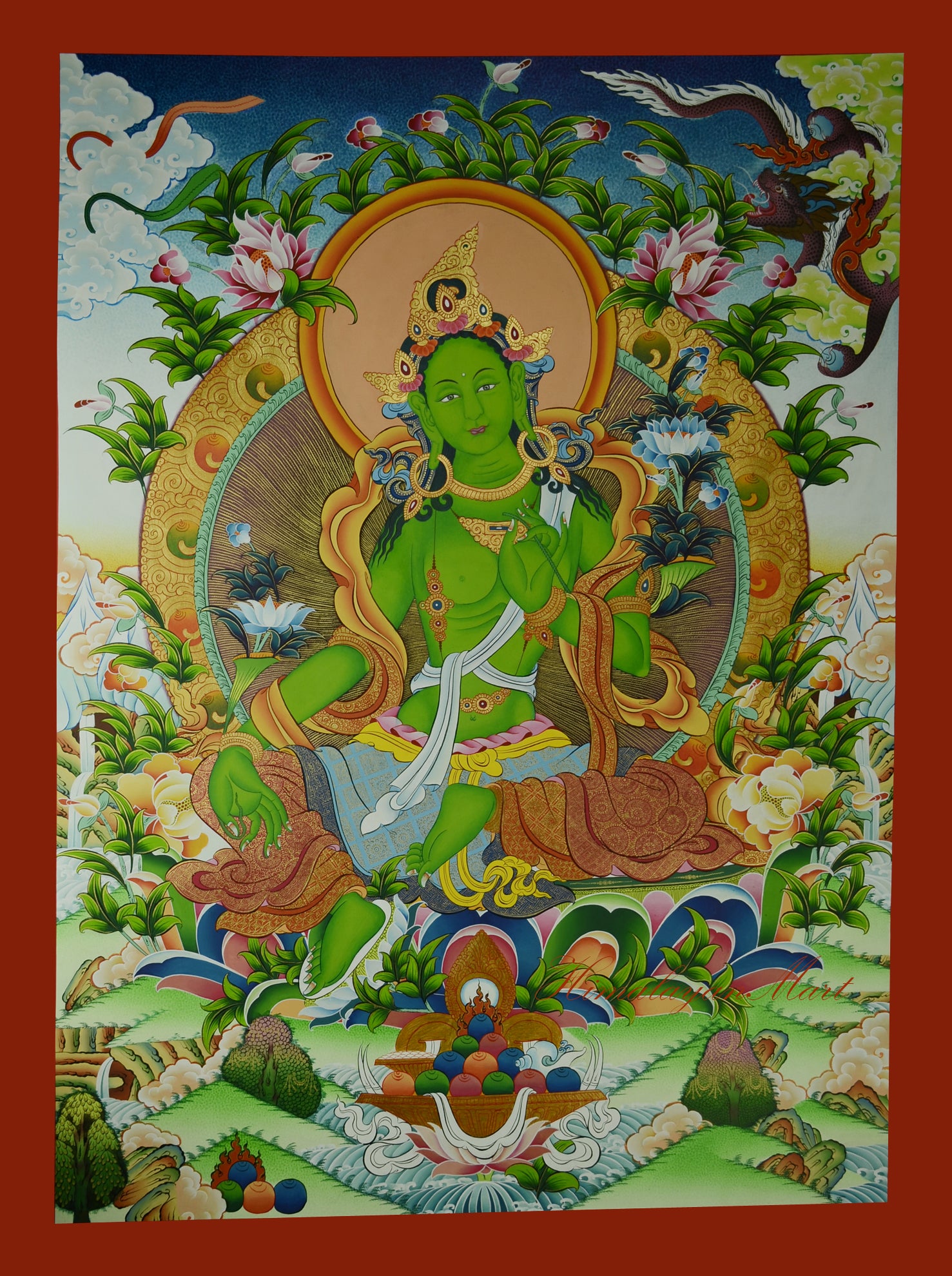 Green Tara Meditation Thangka, sacred Tibetan wall hanging showing Green Tara seated on a lotus throne with vibrant robes.