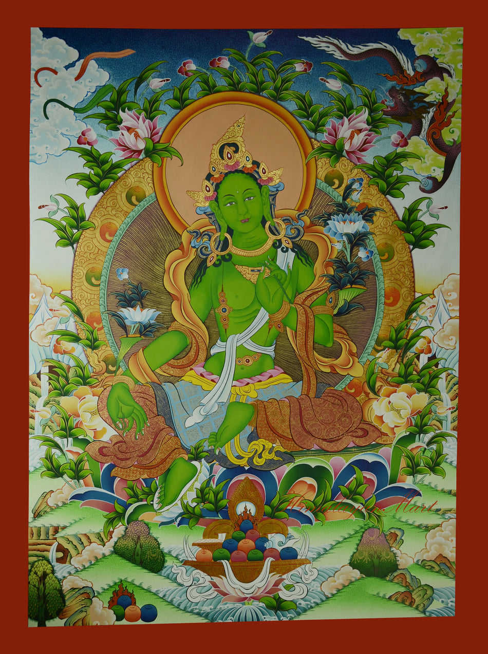 Green Tara Meditation Thangka, sacred Tibetan wall hanging showing Green Tara seated on a lotus throne with vibrant robes.
