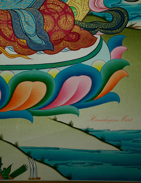 View of the left bottom corner of Green Tara Painting showing sacred pond and natural scenery.