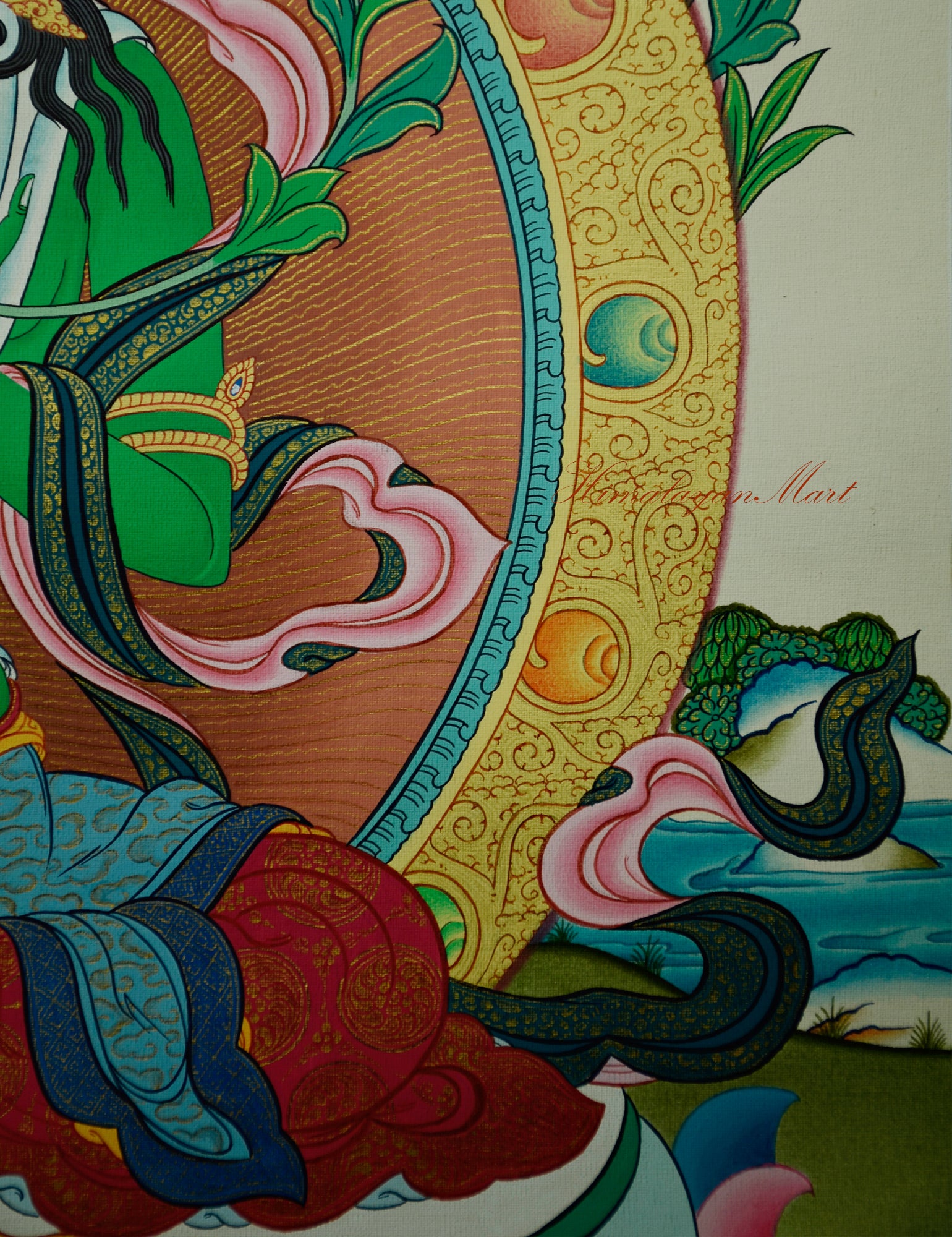 Detailed left section of Green Tara Painting highlighting symbolic lotus flowers and background landscape.
