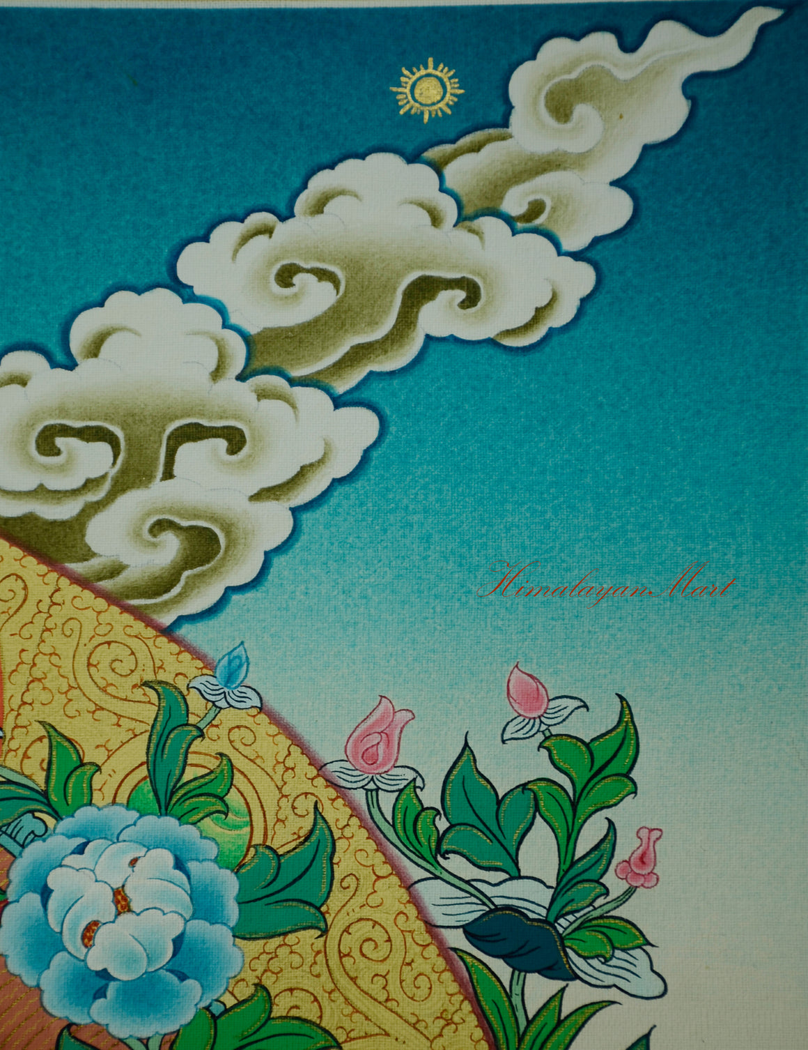 View of the upper left corner of Green Tara Thangka with hills, trees, and sacred pond.
