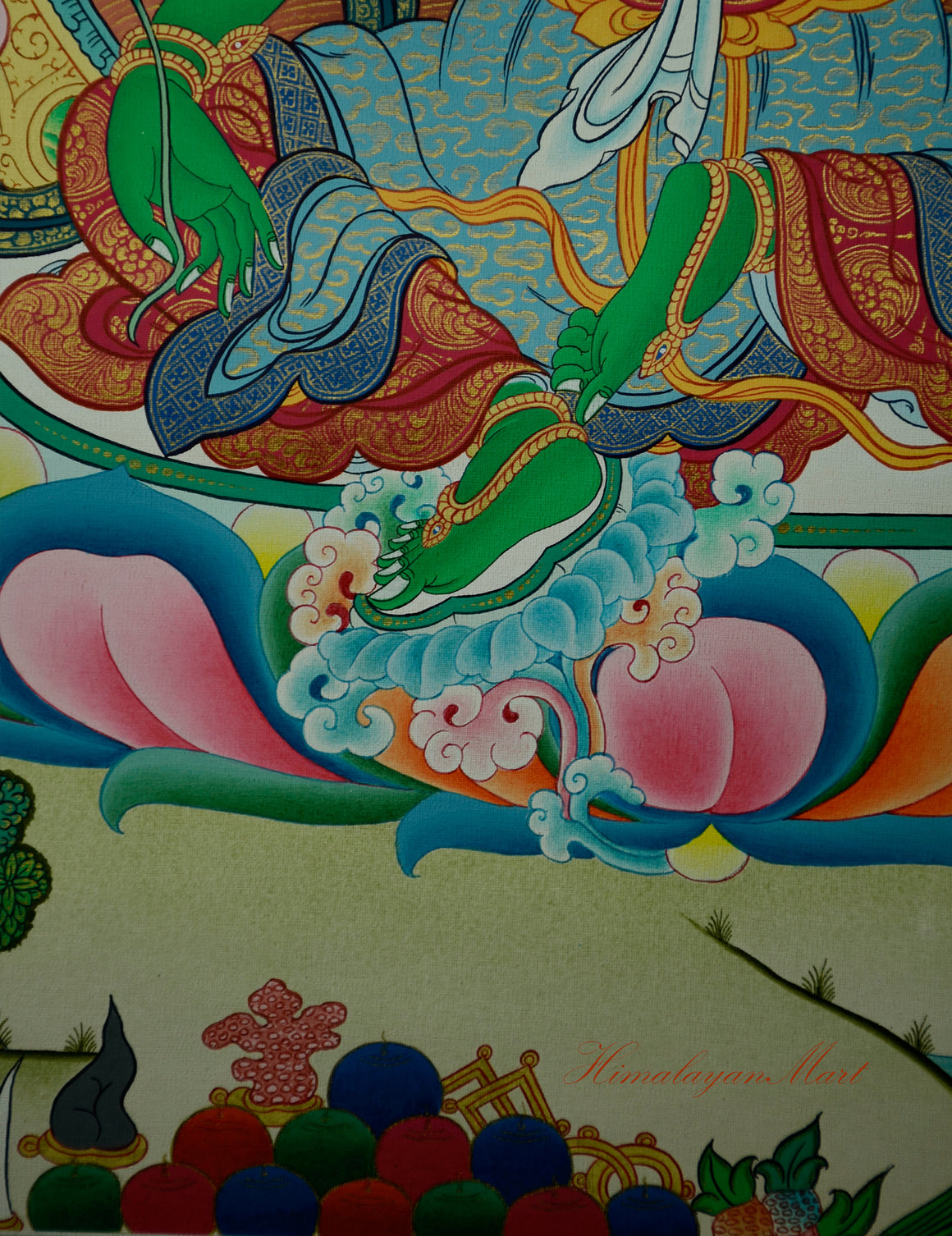 View of Green Tara’s lotus base on a hill surrounded by sacred pond and floral designs.