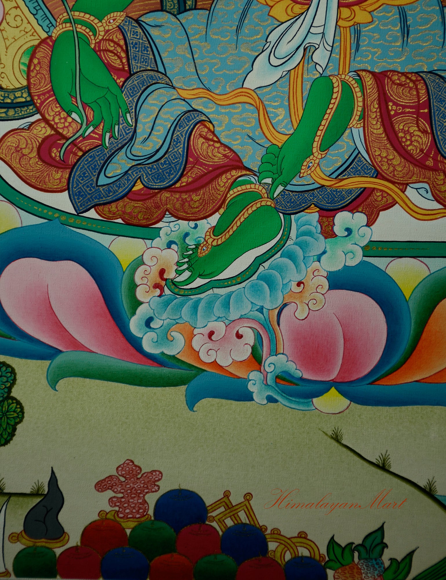 View of Green Tara’s lotus base on a hill surrounded by sacred pond and floral designs.