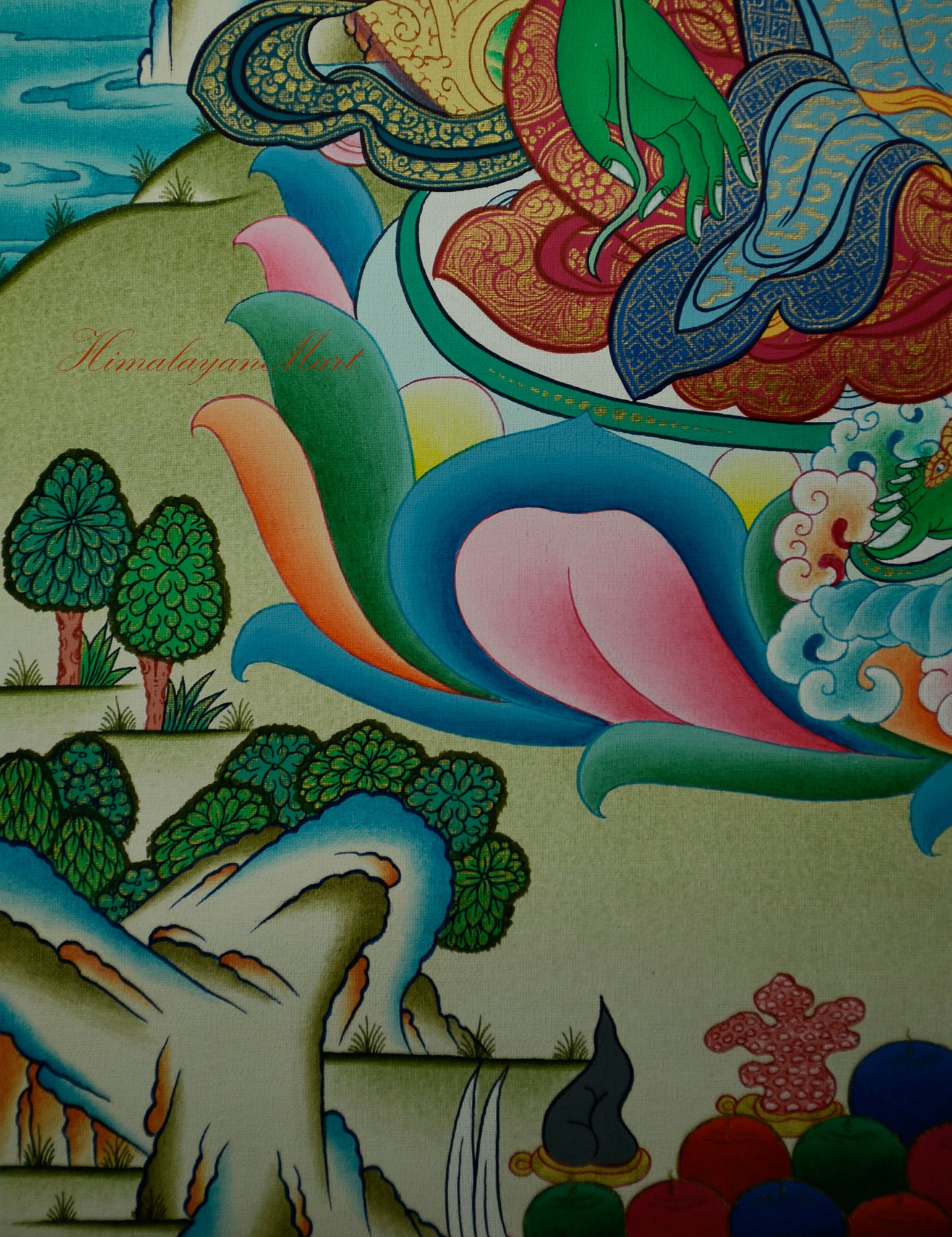 View of right bottom corner of Green Tara Thangka showing hills, trees, and offering elements.
