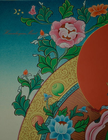 Detailed right section of Green Tara Painting highlighting Varada mudra and blooming lotus flower.