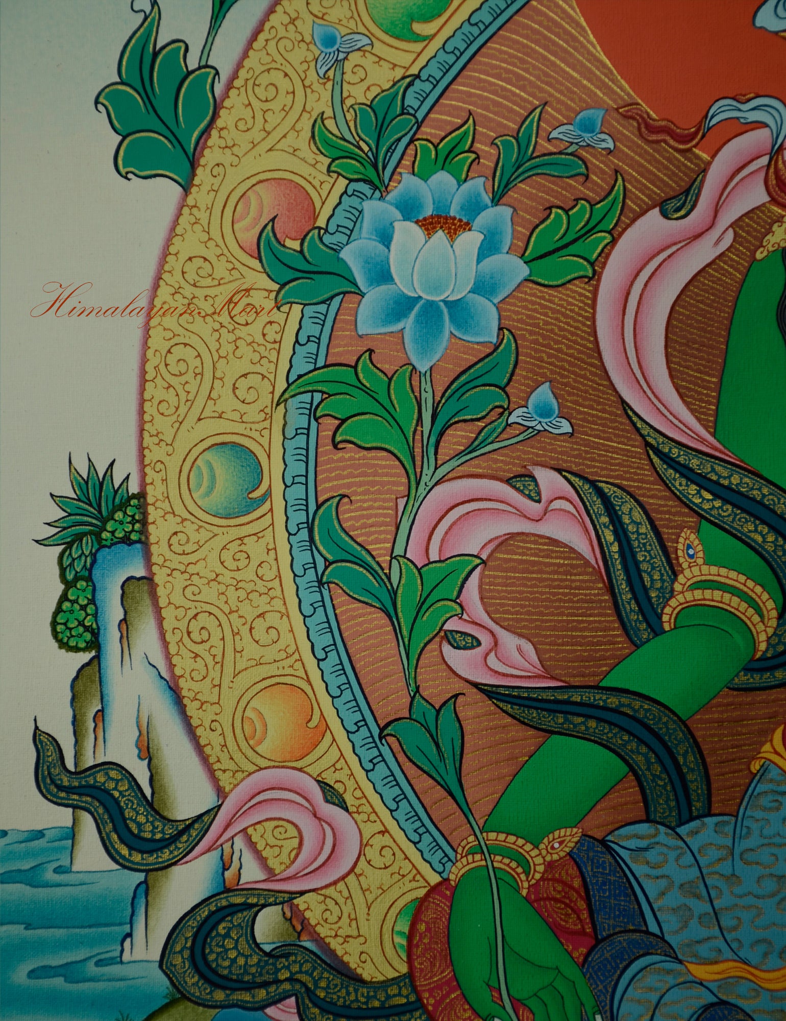 Close-up of Green Tara’s right hand in Varada mudra holding a blooming lotus flower.
