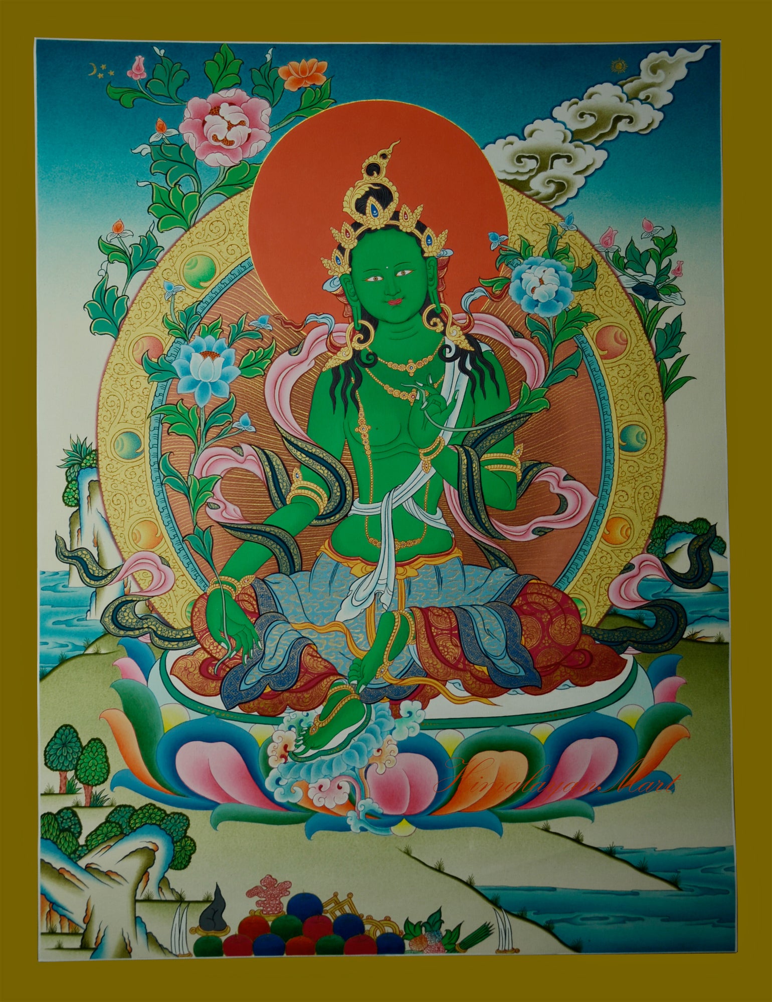 Full view of Green Tara Painting, hand-painted Tibetan Thangka for altar, shrine, or monastery.