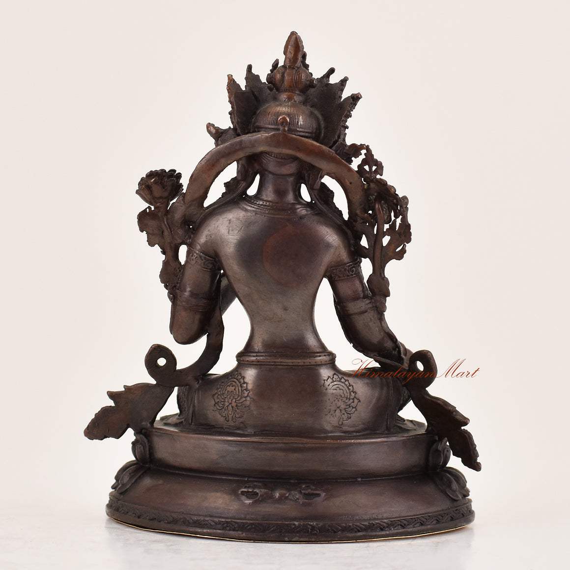 Back view of handcrafted Green Tara statue for sale, Tibetan Buddhist altar sculpture.