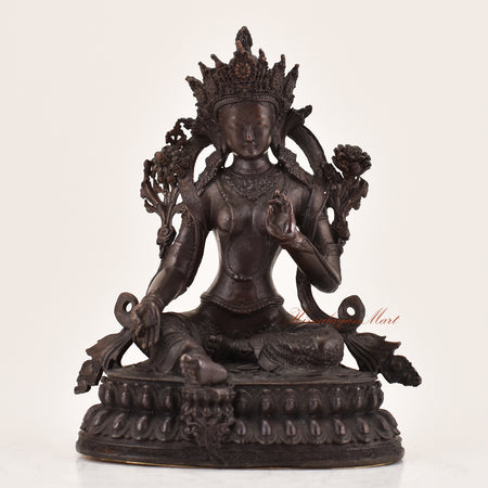 Handcrafted Green Tara statue for sale, Tibetan Buddhist altar sculpture shown from the front.