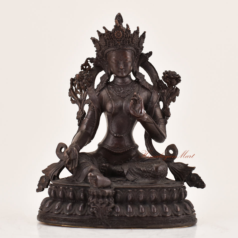 Handcrafted Green Tara statue for sale, Tibetan Buddhist altar sculpture shown from the front.