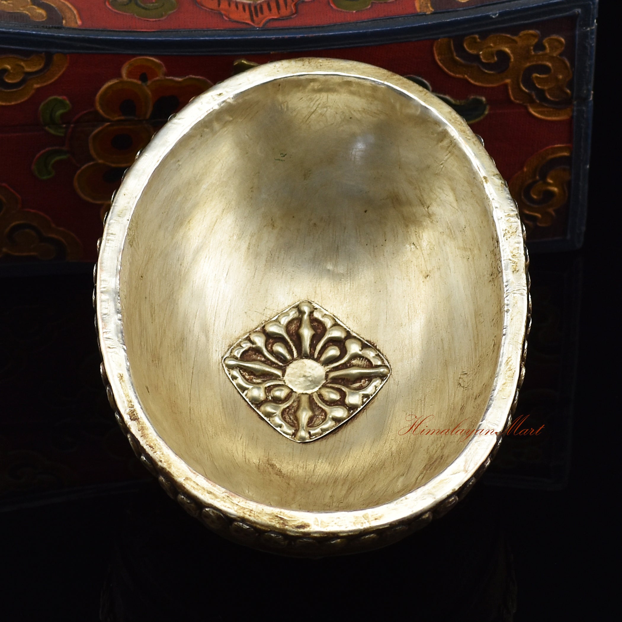 Back view of the Guru Dragpur resin kapala showing hand-painted finish and design detail