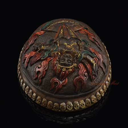 Top-down view of the Guru Dragpur resin kapala bowl interior and skull border