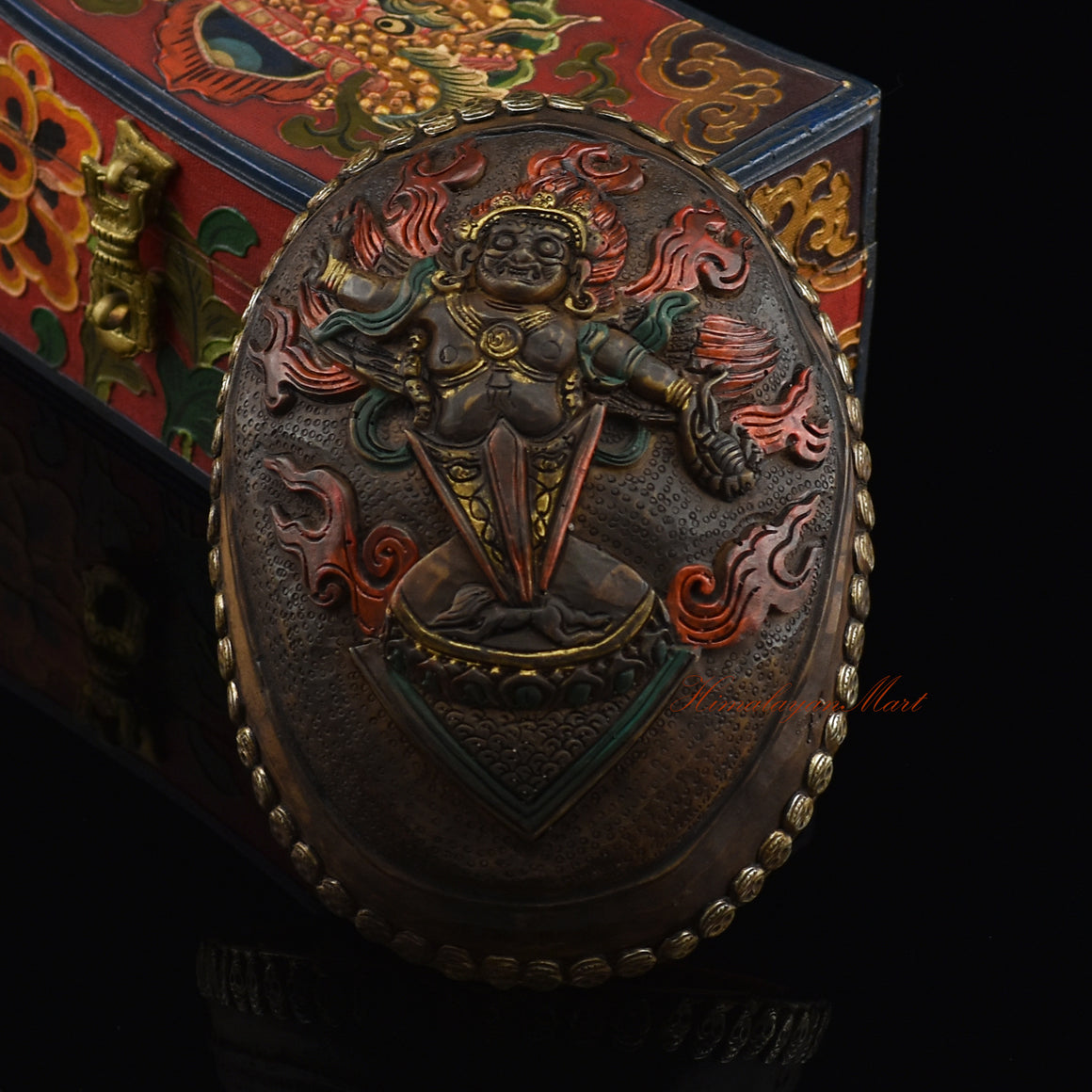 Guru Dragpur resin kapala featuring fierce Padmasambhava with metal skull detailing