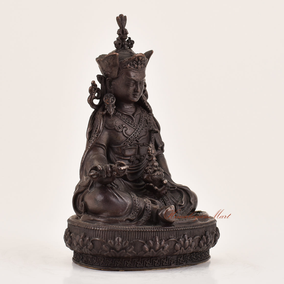 Right-side view of handcrafted Guru Padmasambhava statue for sale, sacred Tibetan Buddhist altar and meditation sculpture.