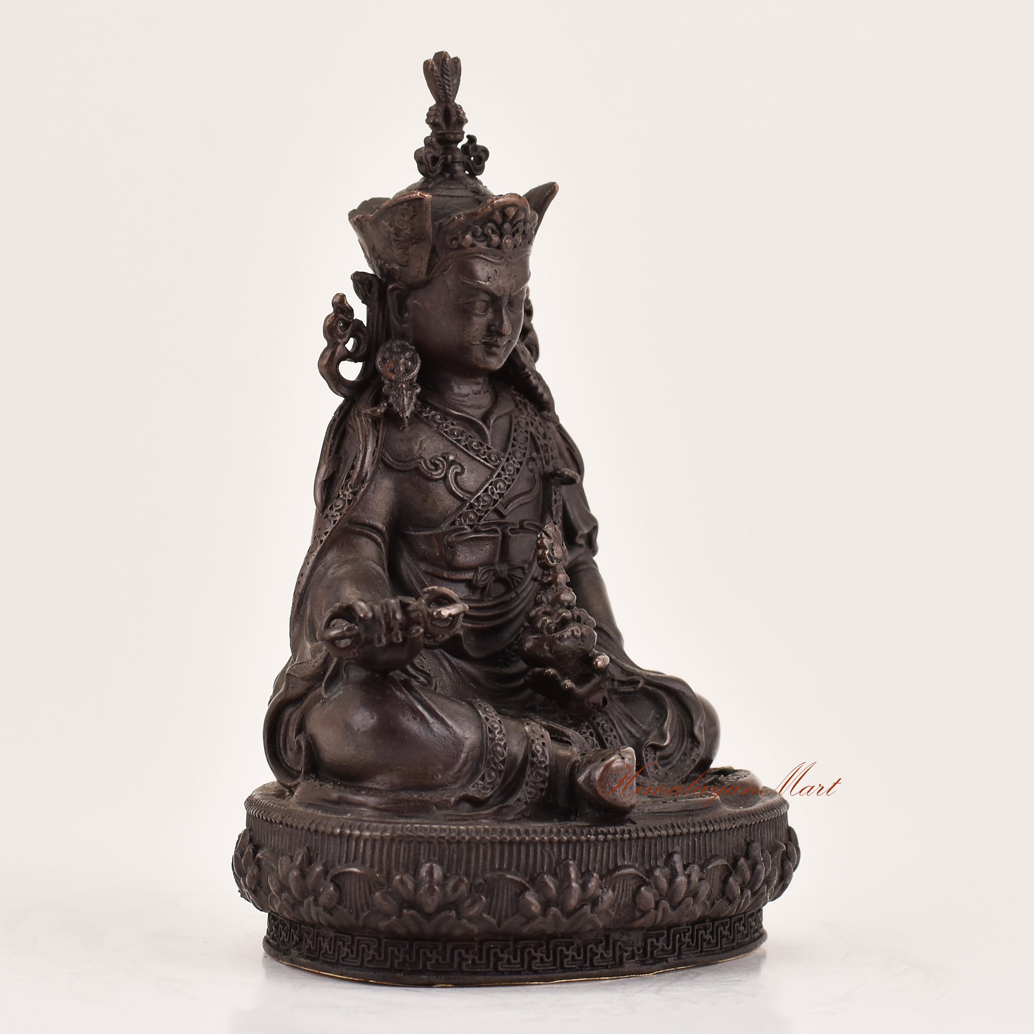 Right-side view of handcrafted Guru Padmasambhava statue for sale, sacred Tibetan Buddhist altar and meditation sculpture.