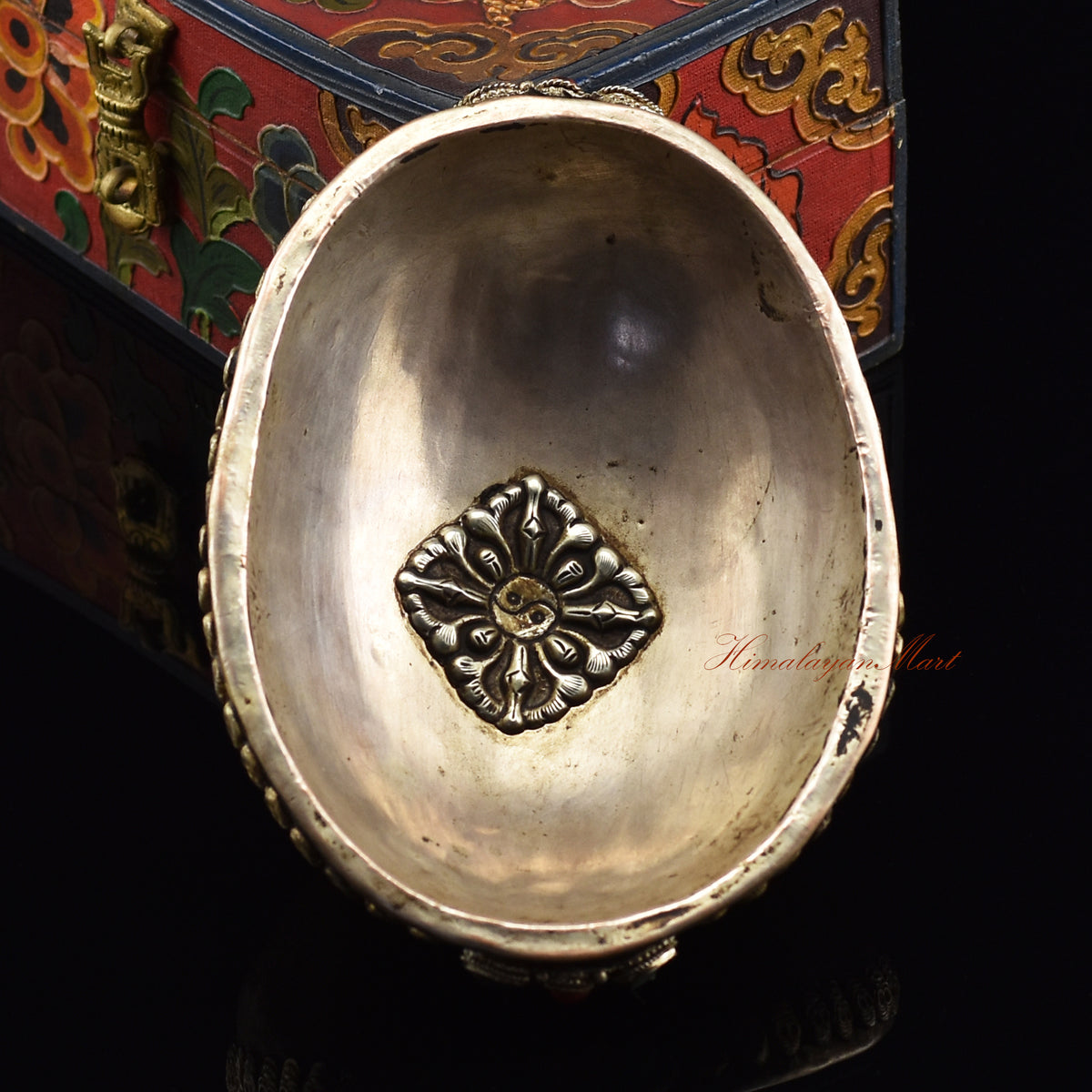 Back view of the Guru Rinpoche-Embedded Resin Kapala showing the rear detailing and resin construction