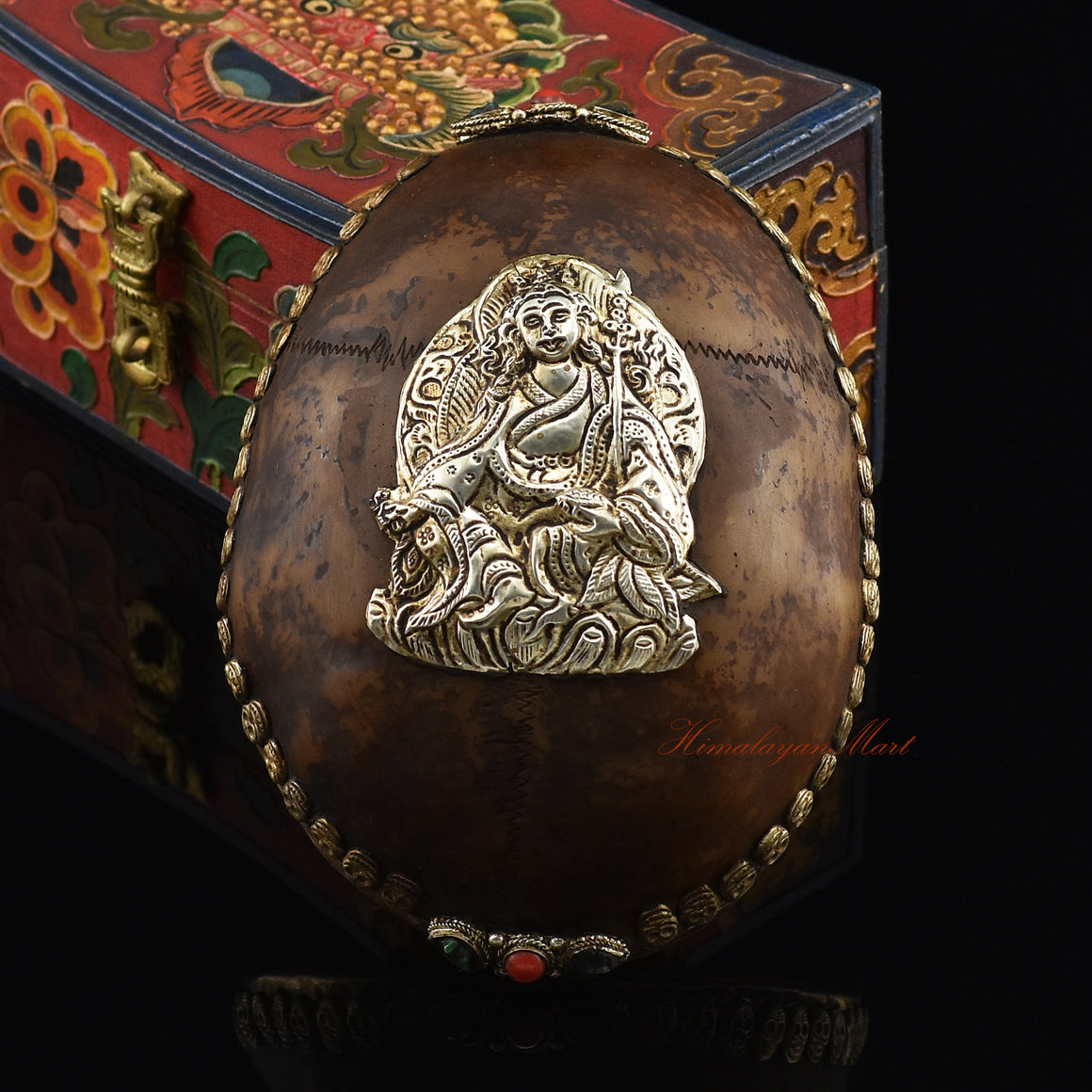 Guru Rinpoche-Embedded Resin Kapala with an ornate skull border and silver-plated copper accents, front view
