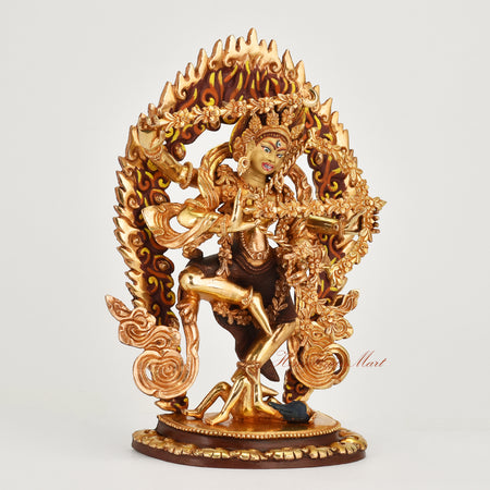 Right side view of handcrafted gold gilded face painted Kurukulla copper statue