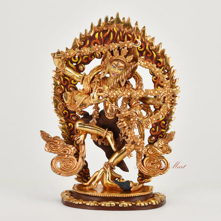 Handcrafted gold gilded face painted Kurukulla copper statue from Nepal front view