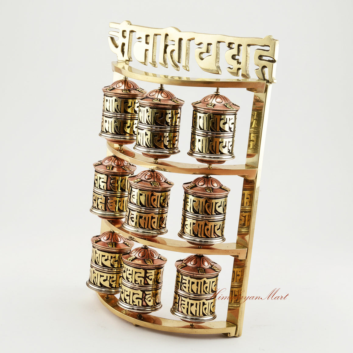 Left side view of Handcrafted Tabletop Prayer Wheel Tibetan Mani wheel designed for Buddhist meditation and altar display