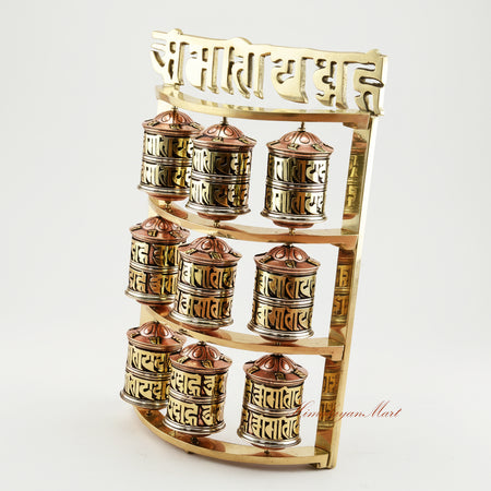Left side view of Handcrafted Tabletop Prayer Wheel Tibetan Mani wheel designed for Buddhist meditation and altar display
