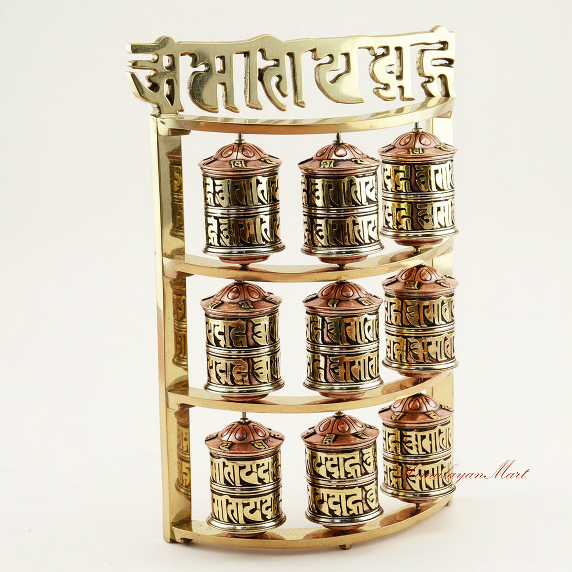 Right side view of Handcrafted Tabletop Prayer Wheel Tibetan Mani wheel for meditation altar showing detailed metal craftsmanship