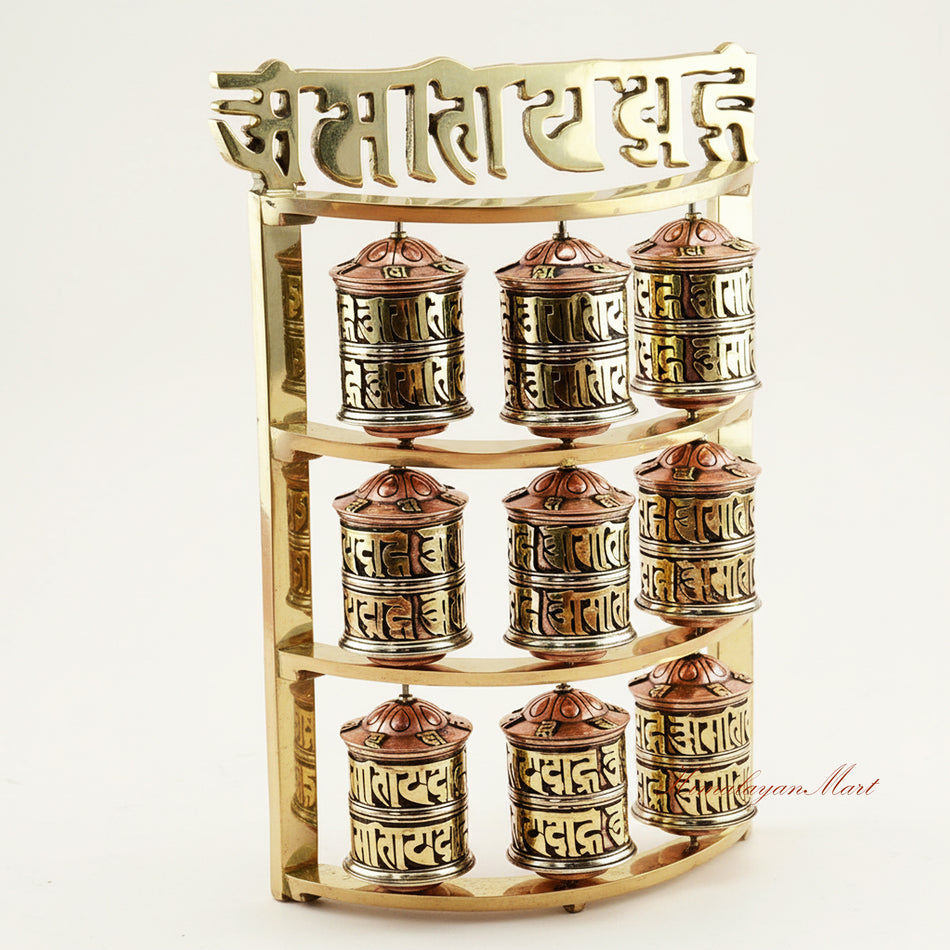 Right side view of Handcrafted Tabletop Prayer Wheel Tibetan Mani wheel for meditation altar showing detailed metal craftsmanship