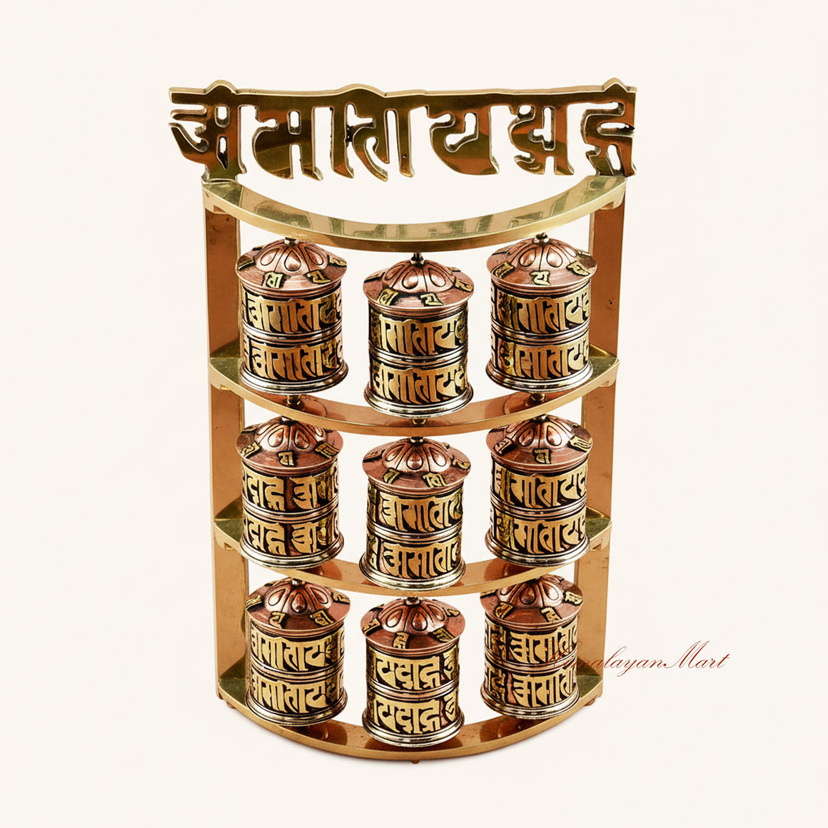 Upper view of Handcrafted Tabletop Prayer Wheel featuring engraved mantra scripts and traditional Tibetan design