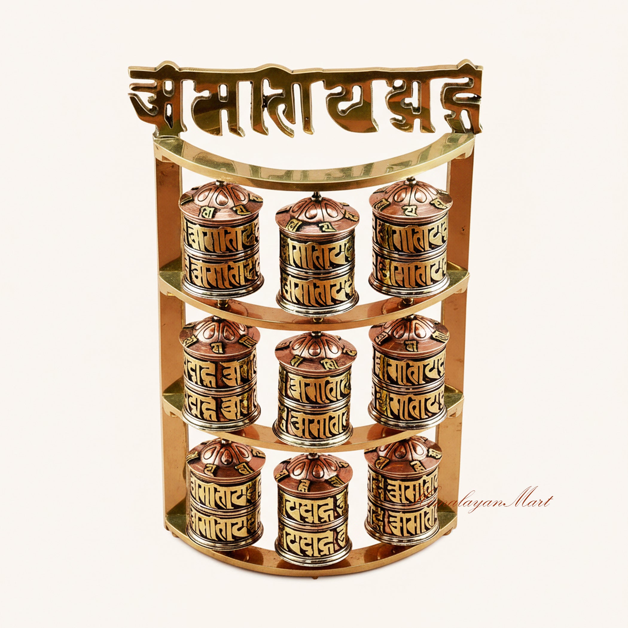 Upper view of Handcrafted Tabletop Prayer Wheel featuring engraved mantra scripts and traditional Tibetan design