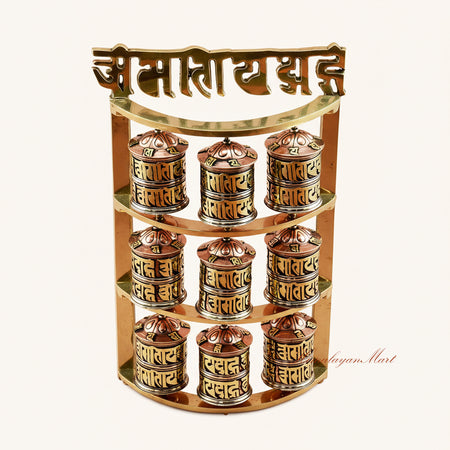 Upper view of Handcrafted Tabletop Prayer Wheel featuring engraved mantra scripts and traditional Tibetan design