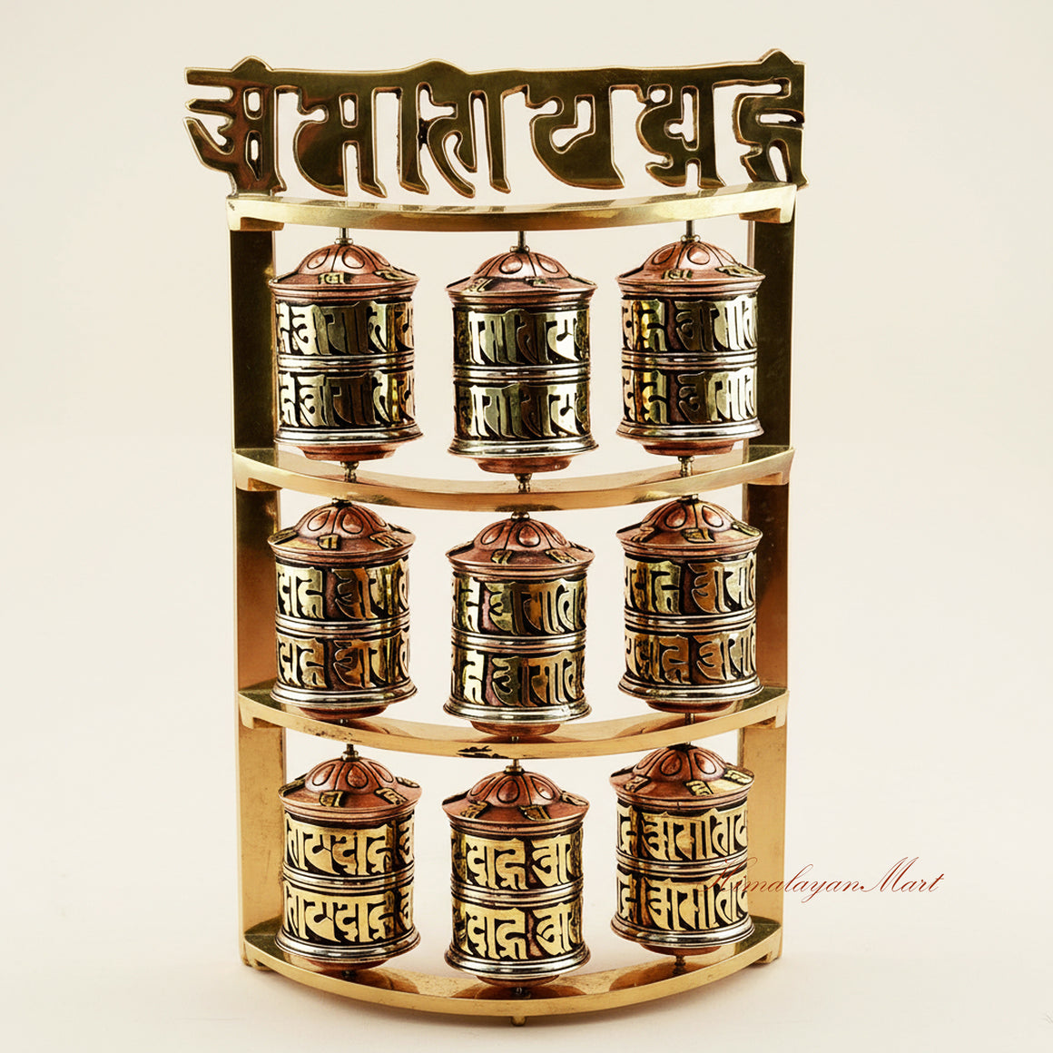 Handcrafted Tabletop Prayer Wheel Tibetan Mani wheel for meditation altar with engraved mantras and nine small spinning prayer wheels