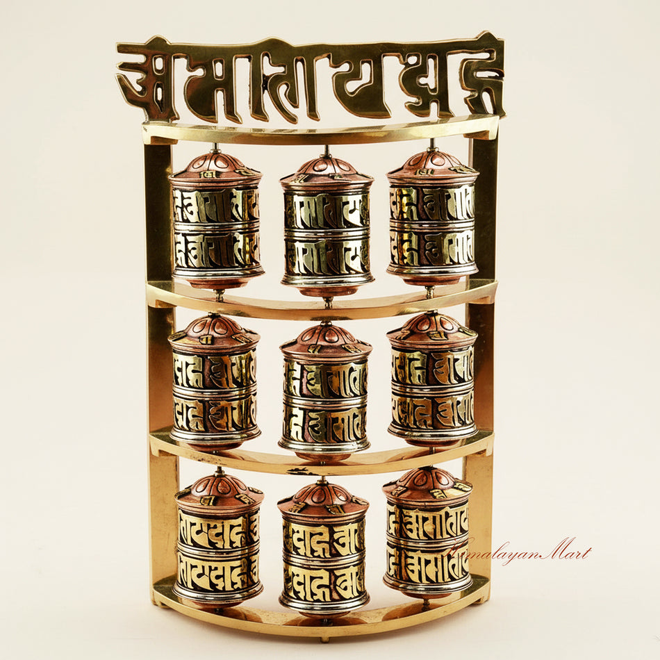 Handcrafted Tabletop Prayer Wheel Tibetan Mani wheel for meditation altar with engraved mantras and nine small spinning prayer wheels