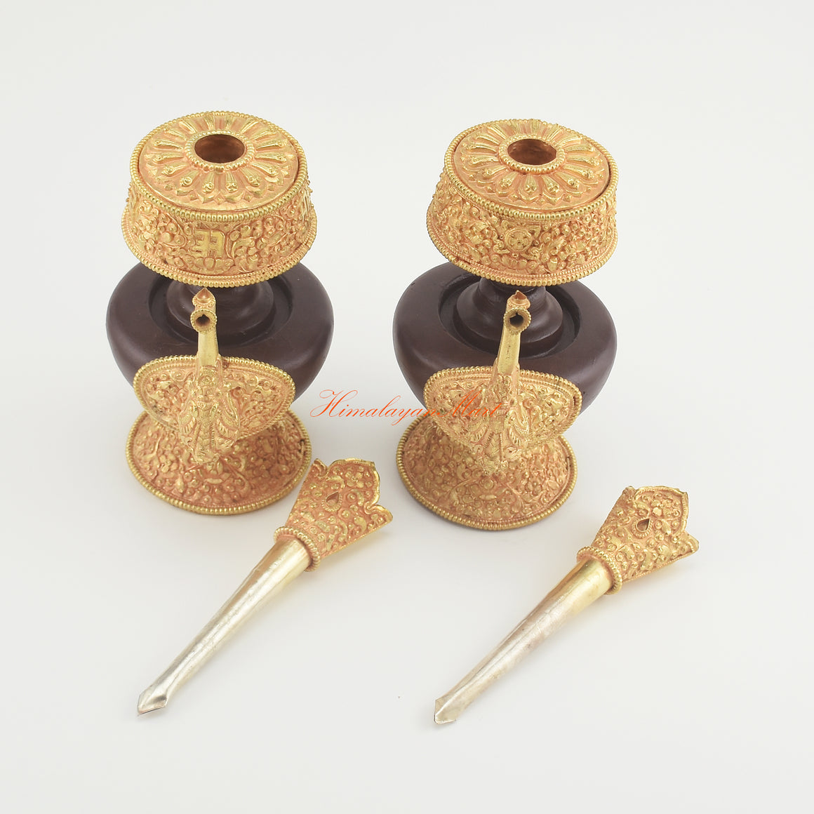 Detailed view of the Handcrafted Tibetan Bhumba Set components, emphasizing copper alloy construction and oxidized finish.