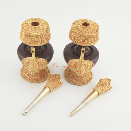 Detailed view of the Handcrafted Tibetan Bhumba Set components, emphasizing copper alloy construction and oxidized finish.