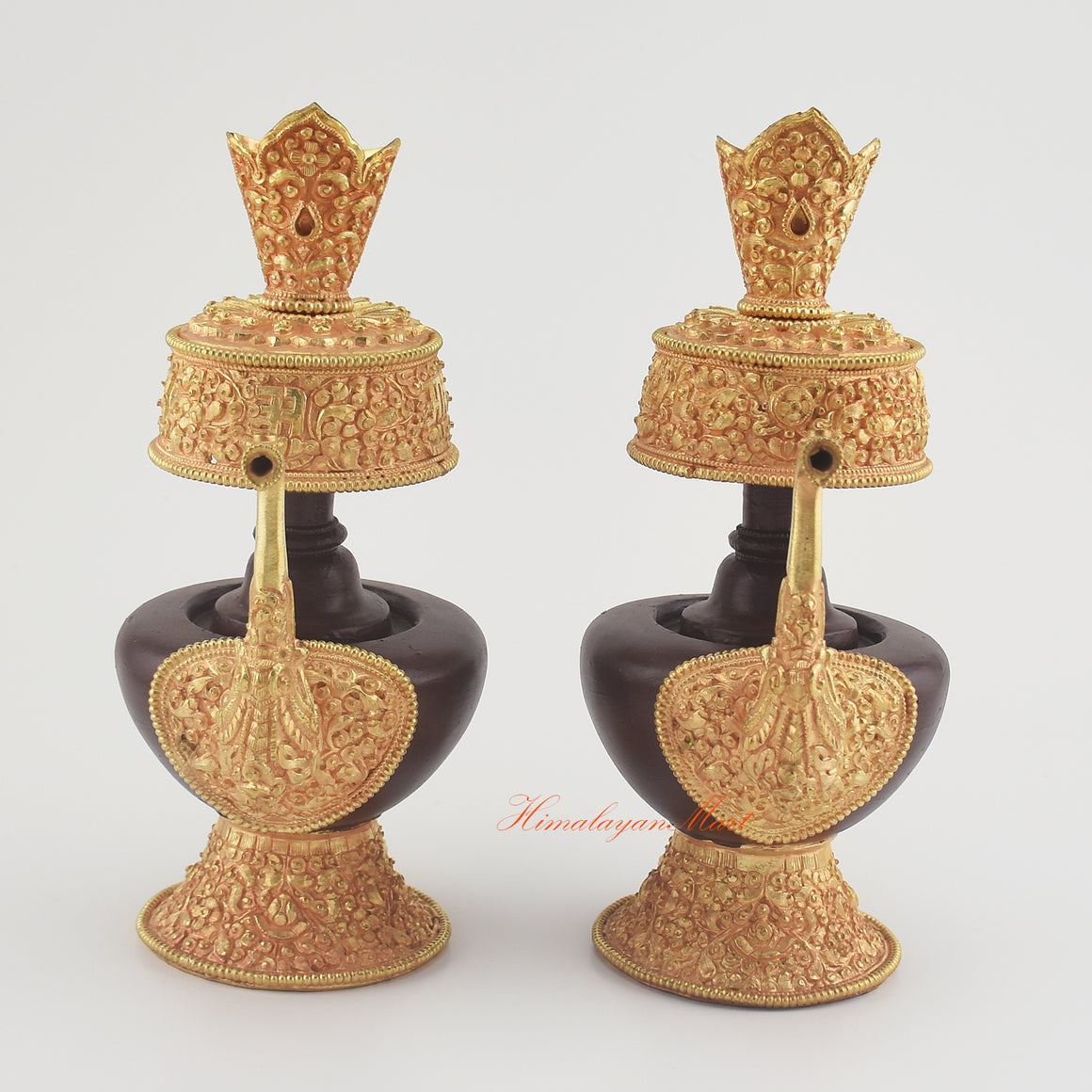 Handcrafted Tibetan Bhumba Set made from copper alloy with oxidized finish and 24K gold plating, used as Buddhist ritual offering vases.