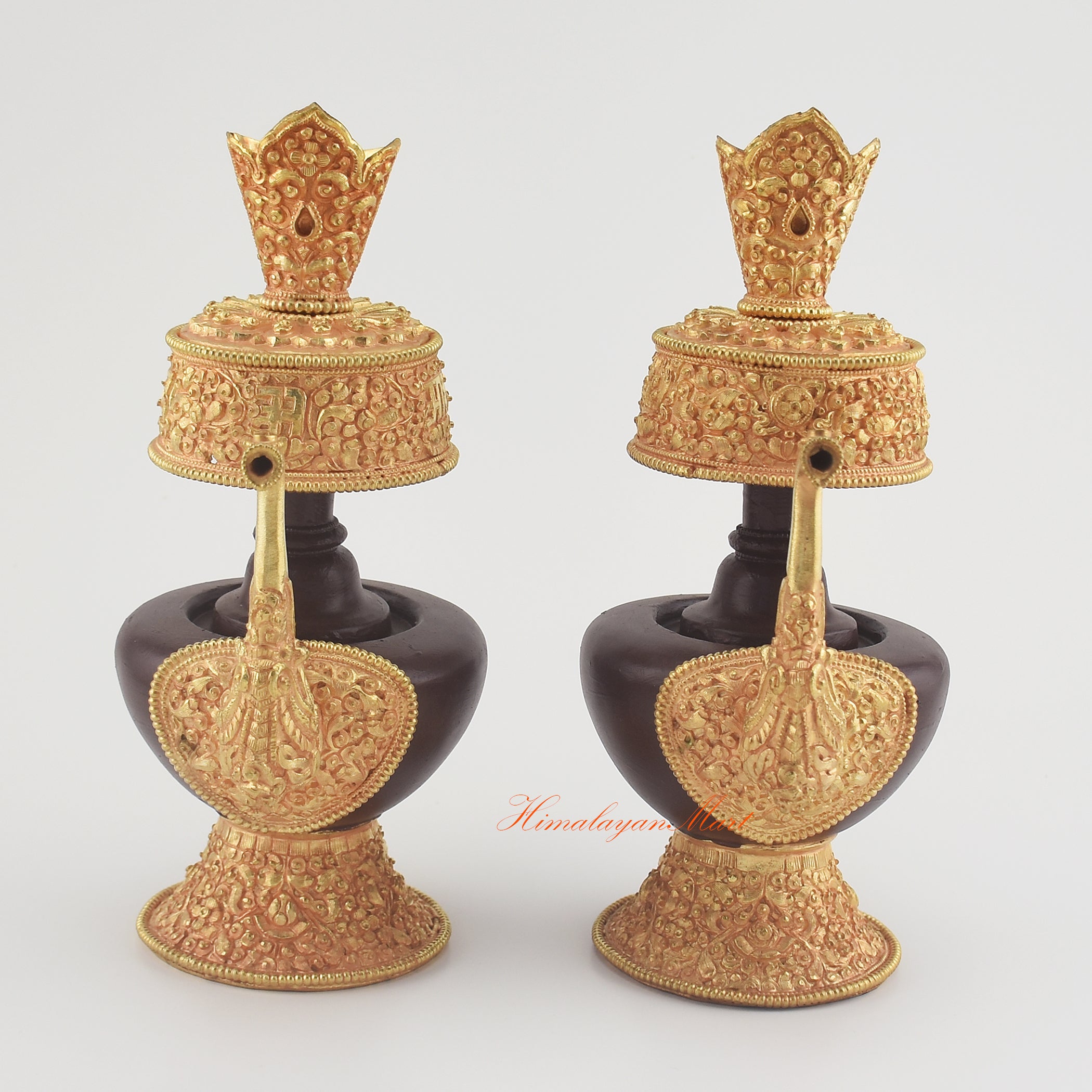 Handcrafted Tibetan Bhumba Set made from copper alloy with oxidized finish and 24K gold plating, used as Buddhist ritual offering vases.