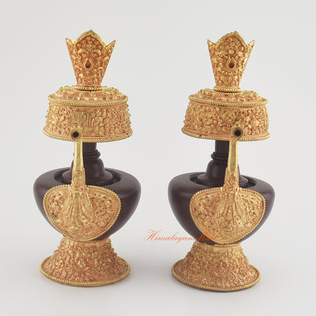 Handcrafted Tibetan Bhumba Set made from copper alloy with oxidized finish and 24K gold plating, used as Buddhist ritual offering vases.