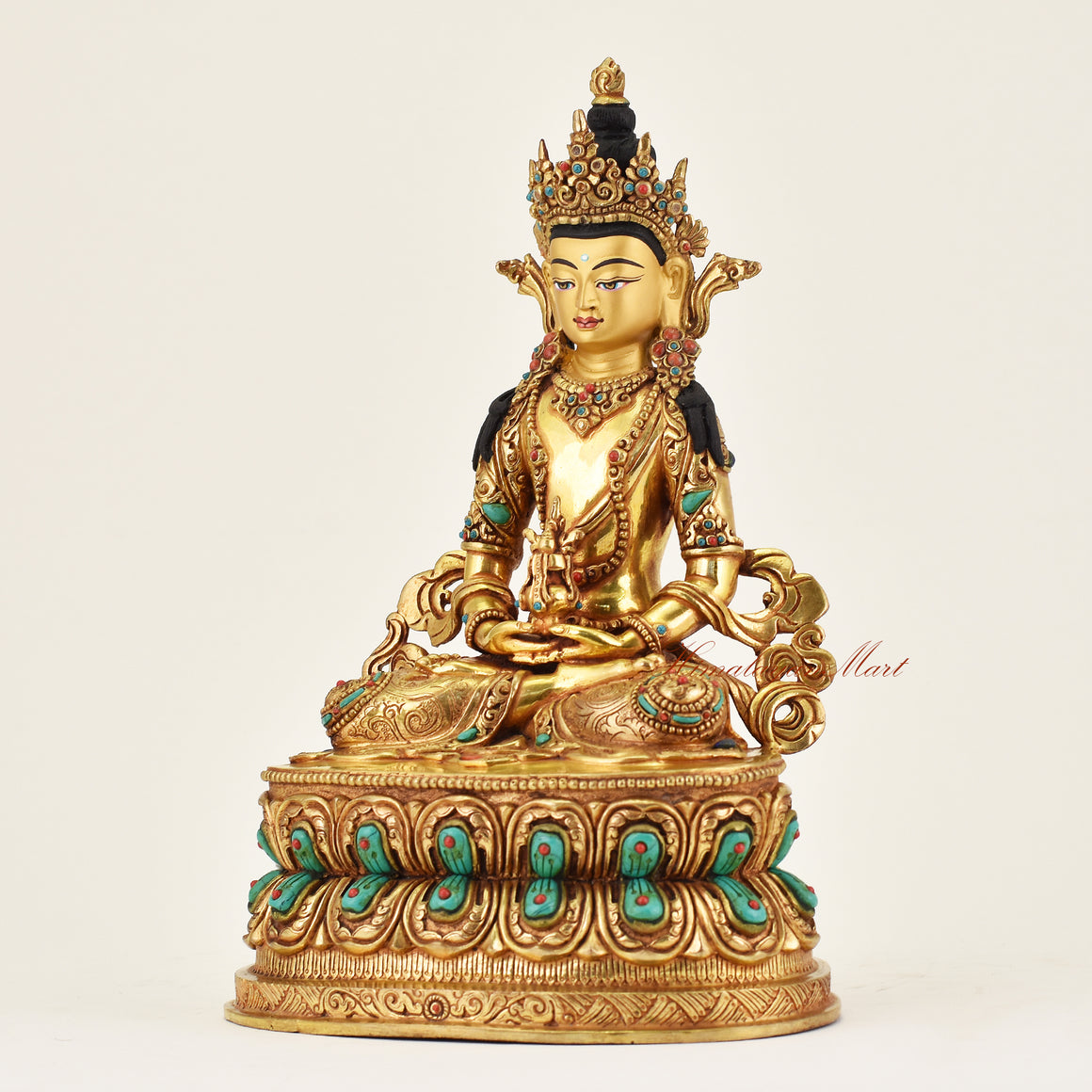 Left view of handmade Nepalese Aparamita statue, detailed Buddhist sculpture symbolizing infinite life