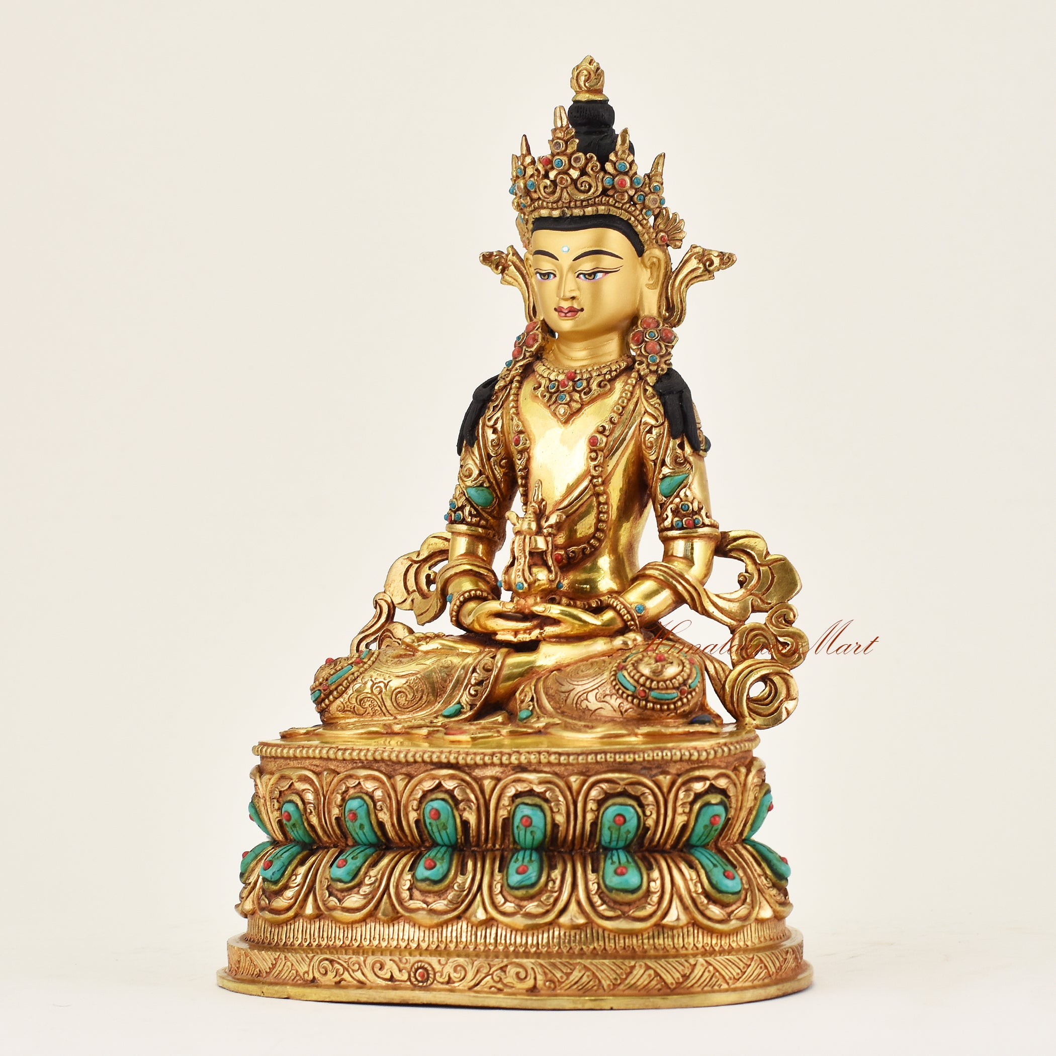 Left view of handmade Nepalese Aparamita statue, detailed Buddhist sculpture symbolizing infinite life