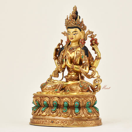 Left angle of Chenrezig Bodhisattva statue handcrafted in Nepal with refined gold finish and peaceful meditative expression