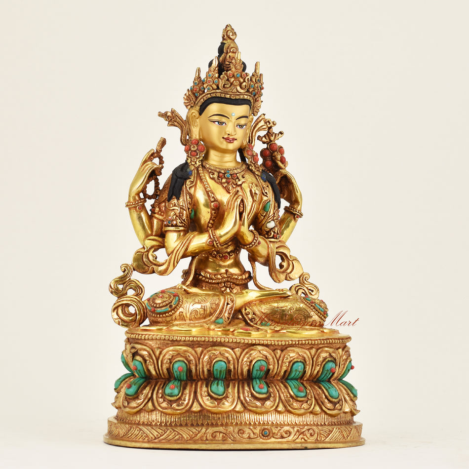 Right side view of handmade Nepalese Chenrezig statue showing detailed robes and iconography of the Tibetan Bodhisattva of Compassion