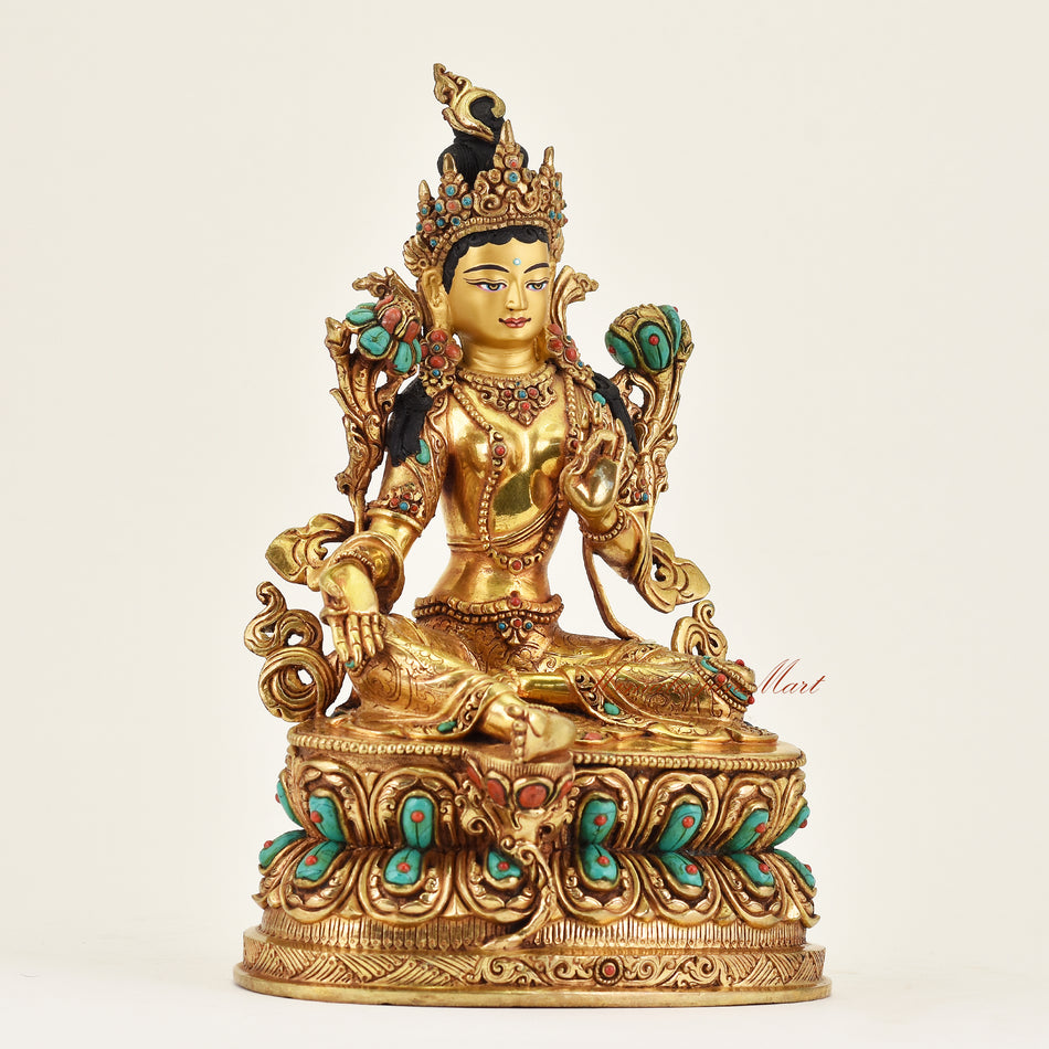 Right side view of handmade Nepalese Green Tara statue showing detailed robes, sacred ornaments, and traditional Nepalese craftsmanship