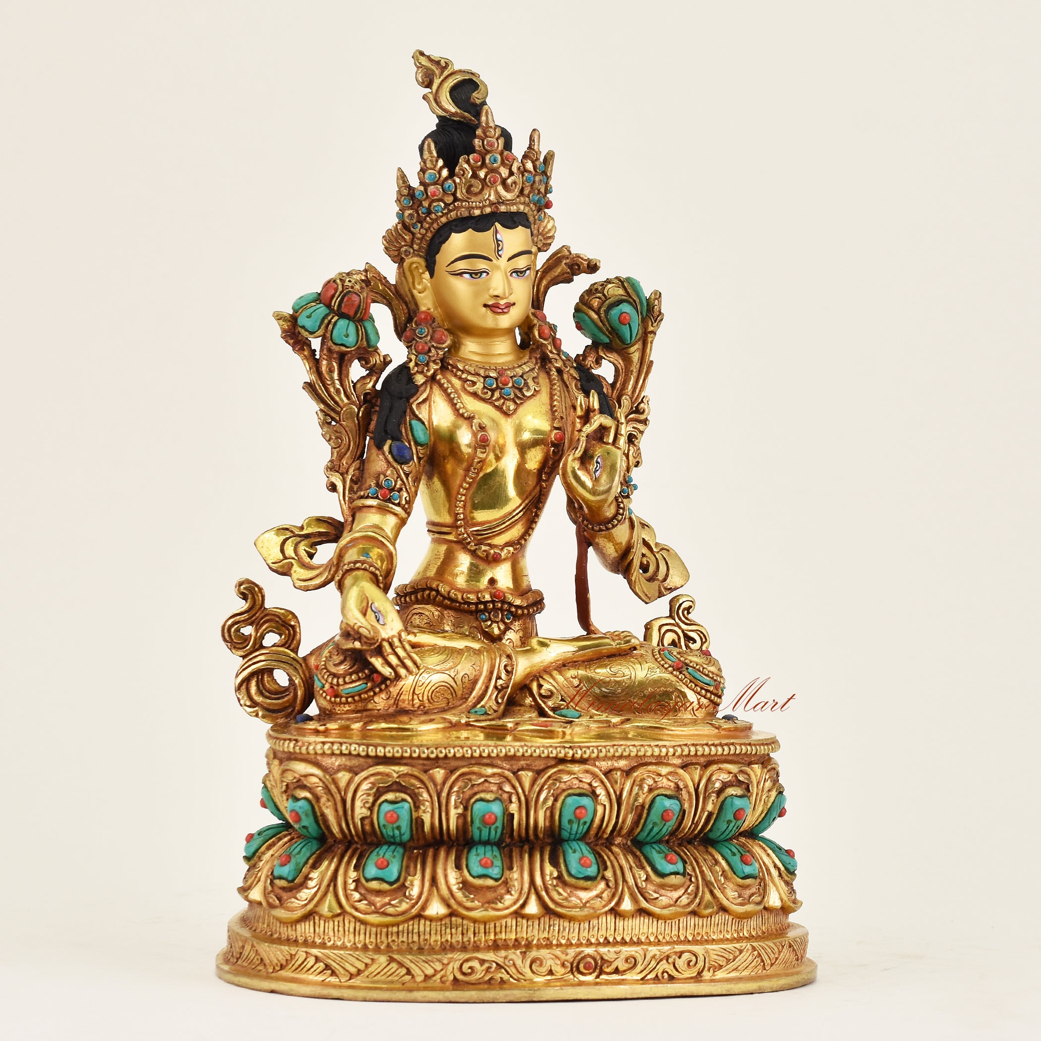 Right side view of handmade Nepalese White Tara statue showing delicate ornaments and lotus seat representing healing and compassion