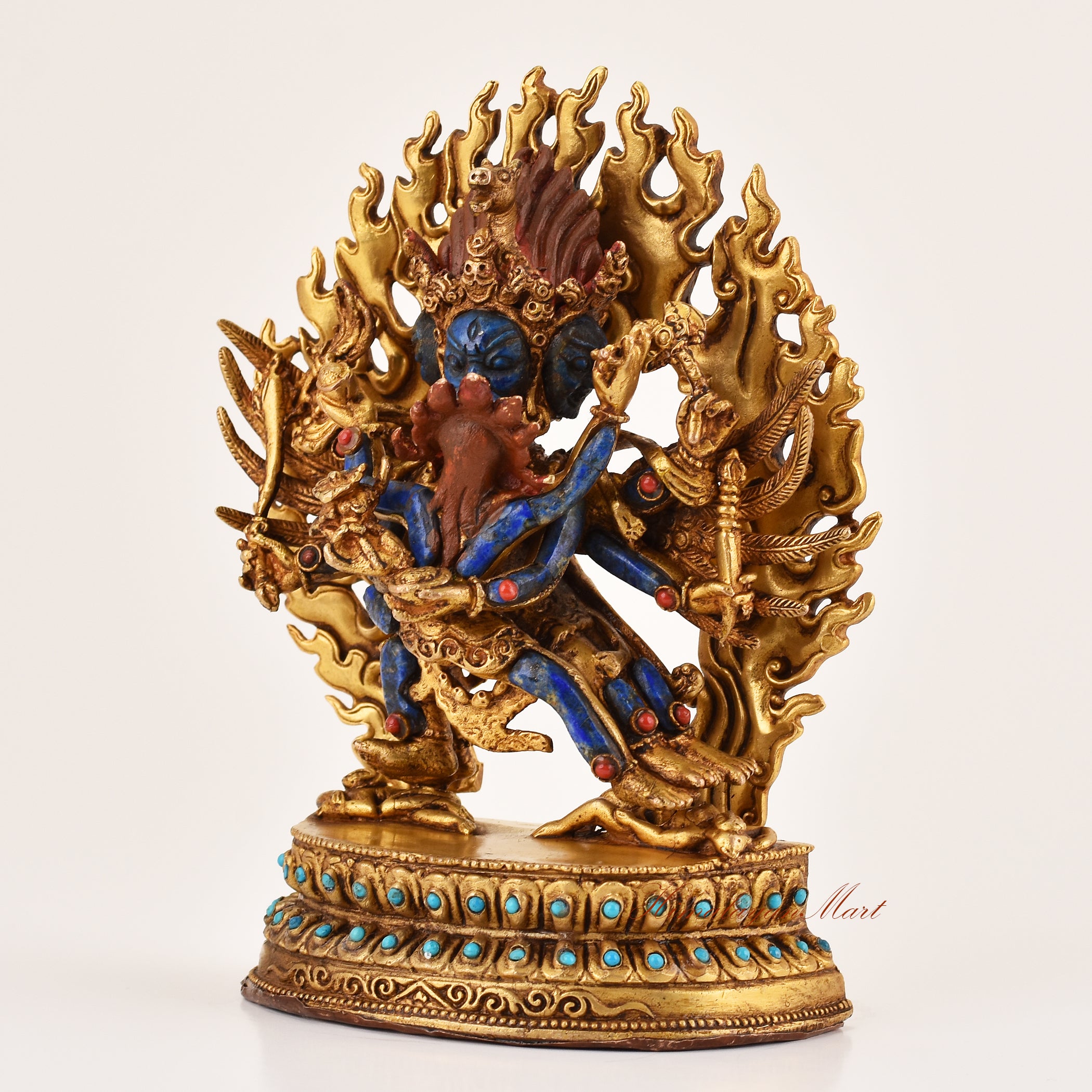 Left-side view of handcrafted Hayagriva Lapis Inlay Statue, Tibetan Buddhist altar and meditation sculpture.