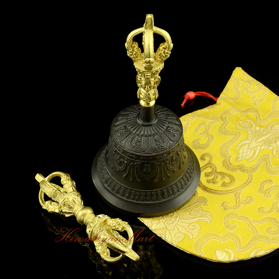 Himalayan Vajra Bell Set with black patina bell and gold plated vajra, handmade Buddhist ritual instrument, front view showing full set