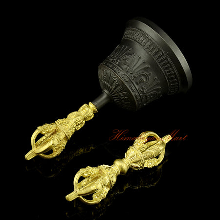 Himalayan Vajra Bell Set with black patina bell and gold plated vajra, handmade Buddhist ritual instrument, right side view showing engraved detail