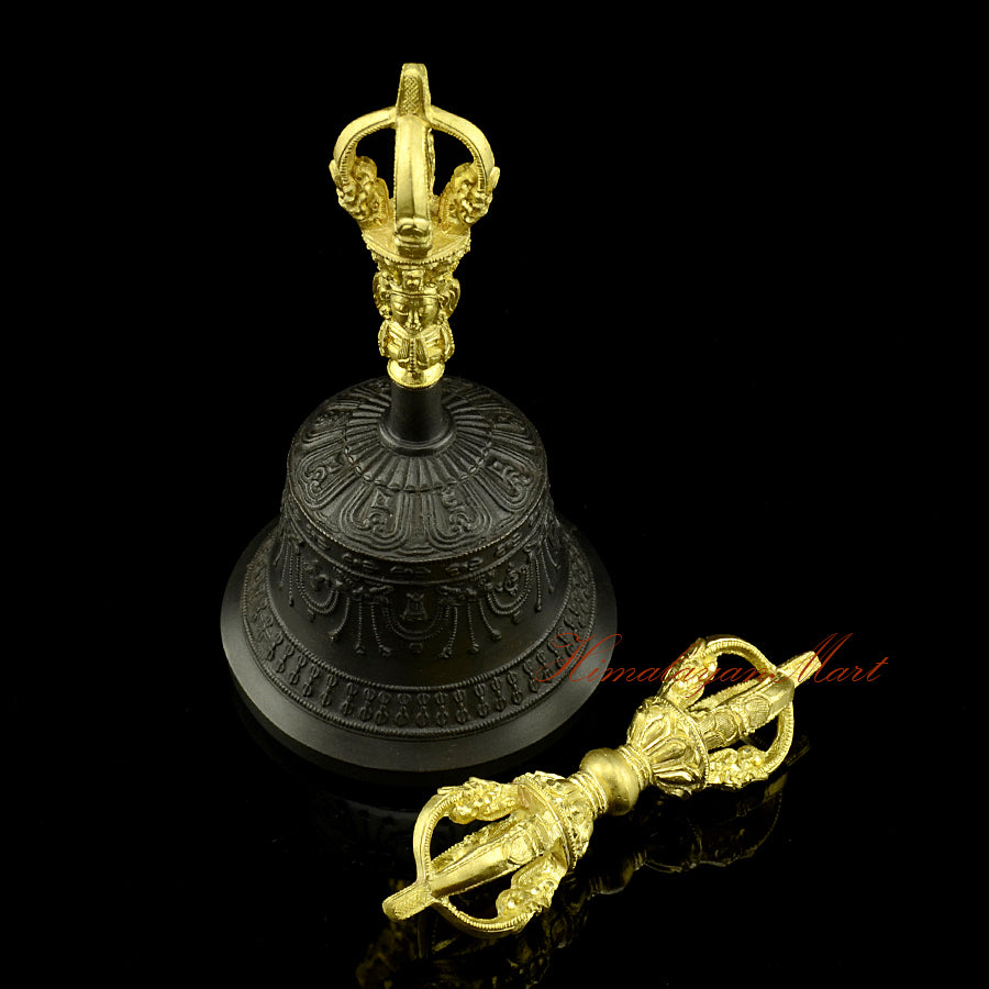 Himalayan Vajra Bell Set with black patina bell and gold plated vajra, handmade Buddhist ritual instrument, full side profile view