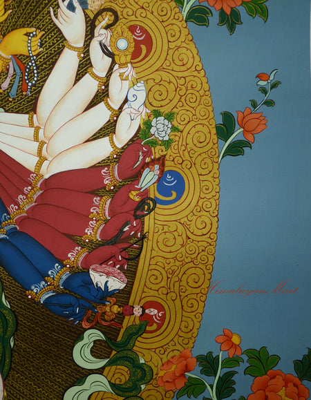 Detailed view of Kalachakra’s left arms holding symbolic attributes in the Thangka painting.
