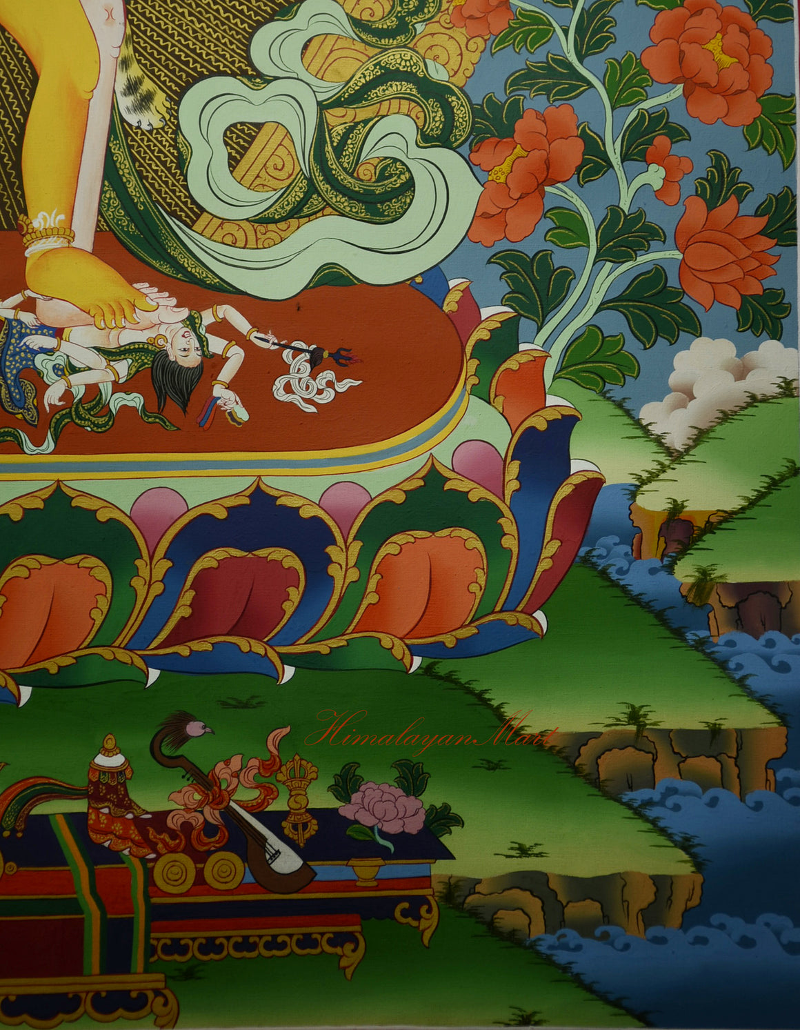Close-up of Kalachakra’s left legs in dynamic posture, painted with precise Tibetan style.