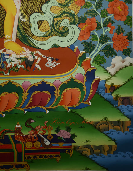 Close-up of Kalachakra’s left legs in dynamic posture, painted with precise Tibetan style.